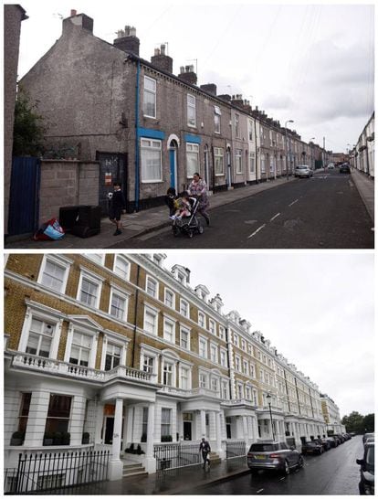 Viandantes por una calle de Kensington, Liverpool (arriba) el 19 de mayo de 2017 y una calle de Kensington, Londres, el 6 de junio de 2017.