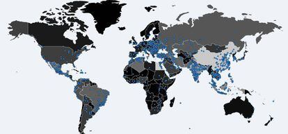 Mapa de Malware Tech amb els llocs on s'ha detectat el virus informàtic.
