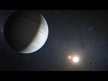 Ilustraci&oacute;n del sistema estelar binario Kepler-47 con dos planetas en &oacute;rbita.
 
 