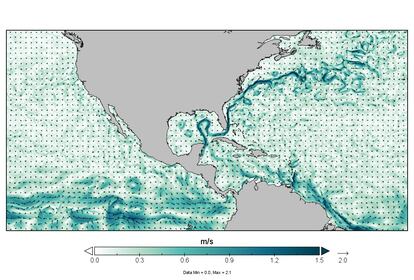 Figura 1. Mapa de velocidad de la corriente en el Mar Caribe y Golfo de México. Los tonos de color verde corresponden a la rapidez de la corriente y se puede observar la llamada Corriente de Lazo que sale del Golfo de México y se propaga por el Norte del Océano Atlántico.