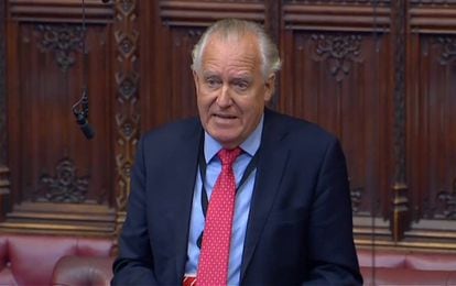 El parlamentario Lord Peter Hain durante su charla en la Cámara de los Lores en la que acusó a Green de abusos verbales y sexuales.