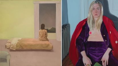 A la izquierda, 'Mujer sentada en la cama' (1978), obra de Isabel Baquedano en el Museo de Navarra, y 'What Am I Doing Here? I Should Ask You the Same', de la estadounidense Jenna Gribbon.