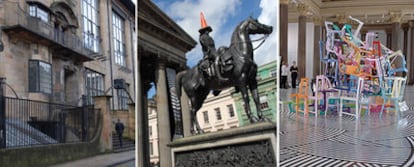 De izquierda a derecha, el edificio de la Glasgow School of Art (proyectado por C. R. Mackintosh), la estatua del tabaquero William Cunningham frente a la Bolsa y una obra del artista escocés Jim Lambie en el GOMA.