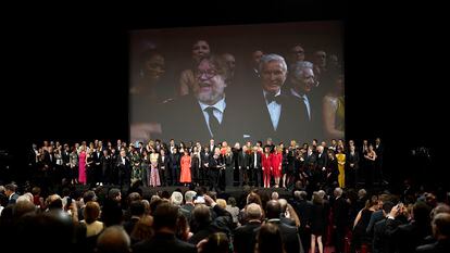 Guillermo del Toro, Baz Luhrmann, y David Cronenberg, en la pantalla del teatro Lumiére.
