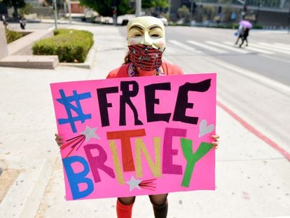 Manifestante en la primera audiencia de Britney contra su padre.