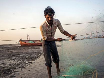 Un pescador trabaja en Mundra (Gujarat, India), donde está instalada una planta de carbón de Tata Power, que ha afectado a la actividad pesquera de los vecinos. La IFC prestó a Tata Power, una de las empresas más grandes de India, 450 millones de dólares para ayudarla a construir la central.