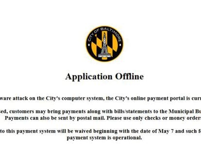 Aviso de la ciudad de Baltimore en el que se advierte de que el portal de pagos no está operativo por el ataque 'ransomware' al sistema informático.