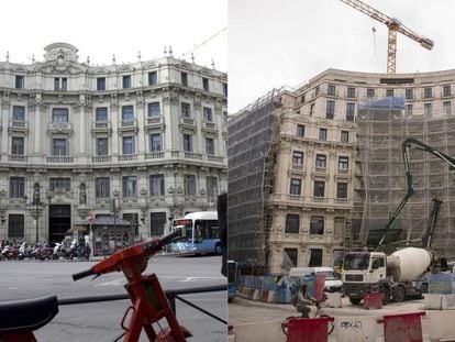 A la izquierda, el edificio de la plaza de Canalejas, hace unos años; a la derecha, aspecto actual del inmueble.