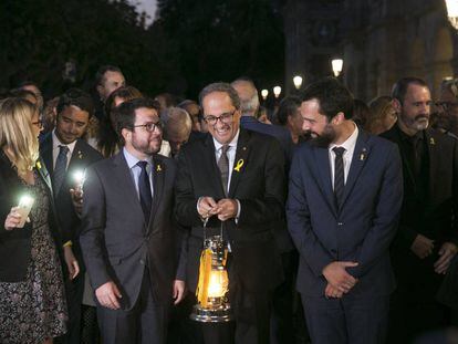 Quim Torra, en el centro, junto a Roger Torrent (derecha), Pere Aragonés y Elsa Artadi , en 2018. Todos fueron espiados.