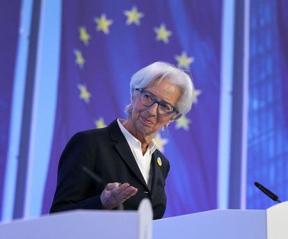 La presidenta del BCE, Christine Lagarde, durante una comparecencia en Fráncfort (Alemania), este jueves.