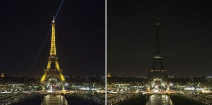 La Torre Eiffel de Par&iacute;s, antes y durante el apag&oacute;n simb&oacute;lico el a&ntilde;o pasado con motivo de la Hora del Planeta, iniciativa impulsada por WWF. 