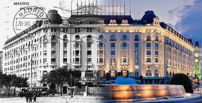 Postal con una composición de la fachada del hotel Palace: cuando se inauguró en 1912, y en una imagen reciente.