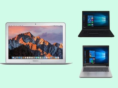 A la izquierda, Apple MacBook Air; a la derecha, arriba, el Toshiba Satellite Pro R40-D y, debajo, Lenovo Ideapad 330.