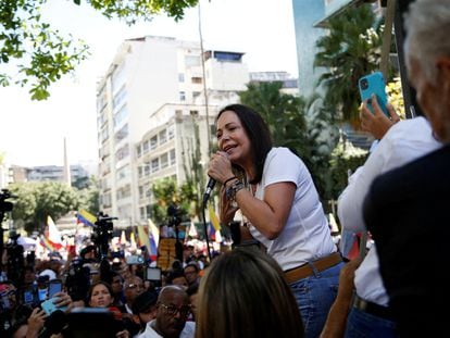 La líder opositora venezolana María Corina Machado, la semana pasada durante un acto público.