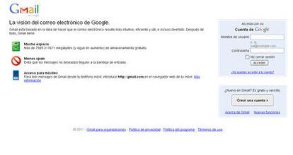 Página de acceso a Gmail, el servicio de correo de Google.