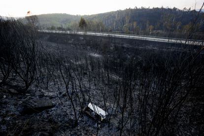 El monte calcinado en Verín, tras el incendio que ha dejado cerca de 500 hectáreas forestales quemadas. 