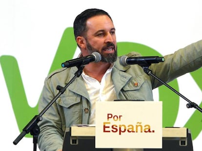 El candidato de Vox a la Presidencia del Gobierno, Santiago Abascal, durante su intervención en Alicante, el pasado 21 de abril. 