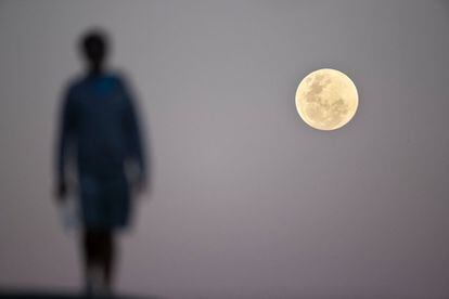 La luna llena se eleva cerca de la playa de Bondi de Sídney antes del eclipse lunar.