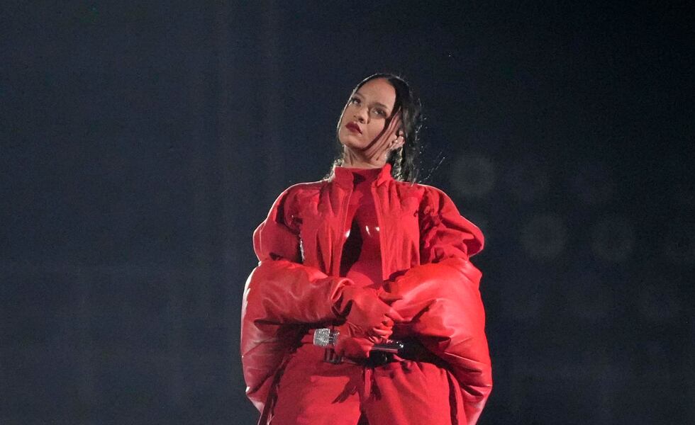 Feb 12, 2023; Glendale, AZ, USA; Recording artist Rihanna performs during halftime of Super Bowl LVII between the Kansas City Chiefs and Philadelphia Eagles at State Farm Stadium. Mandatory Credit: Michael Chow/The Republic via USA TODAY Sports