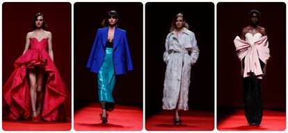 Four of Redondo Brand's proposals, during his fashion show this Thursday at Mercedes Benz Fashion Week Madrid.