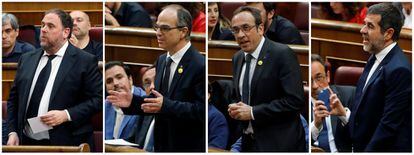 De izquierda a derecha, los cuatro diputados catalanes en prisión preventiva Oriol Junqueras, Josep Rull, Jordi Turull y Jordi Sànchez durante el inicio de la sesión constitutiva de las nuevas Cortes Generales, celebrada en el Congreso de los diputados de Madrid el pasado 21 de mayo.
