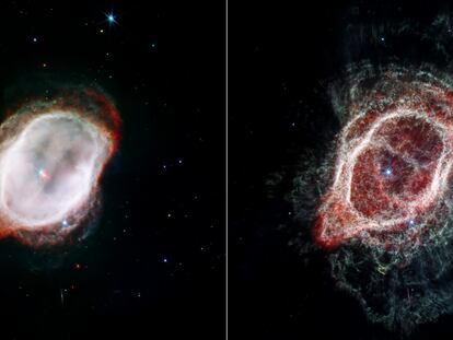 Dos perspectivas de la nebulosa: a la izquierda, resalta el gas caliente que rodea a las estrellas centrales; a la derecha, marcados los flujos moleculares dispersos de la estrella.
