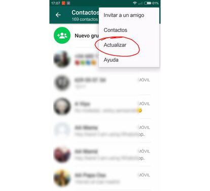 Este botón puede actualizar los contactos de WhatsApp