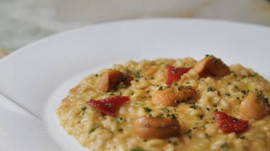 Un plato con risotto de erizos de mar.