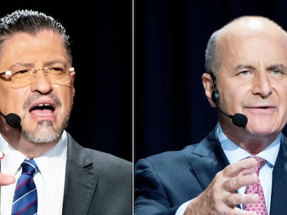 Los candidatos presidenciales Rodrigo Chaves y el expresidente José María Figueres durante un debate el 29 de marzo, en San José, Costa Rica.