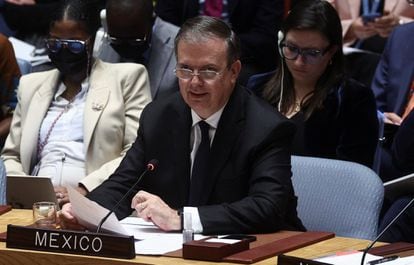 El canciller mexicano, Marcelo Ebrard, habla durante una reunión de alto nivel del Consejo de Seguridad de las Naciones Unidas, en Nueva York, el 22 de septiembre de 2022.