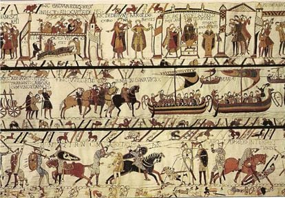 Una escena del Tapiz de Bayeux, que cuenta la invasión normanda de Inglaterra por Guillermo el Conquistador en 1066.