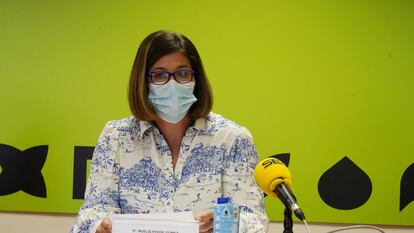 La alcaldesa de Móstoles, Noelia Posse, en la rueda de prensa de esta mañana en el Ayuntamiento.
