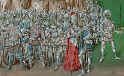 Isabel de Francia, al frente de sus tropas en Hereford en 1326.