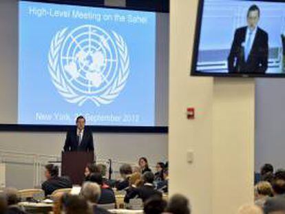 Imagen facilitada por la Presidencia del Gobierno del titular del Ejecutivo español, Mariano Rajoy, durante su intervención en la reunión de alto nivel sobre el Sahel, en el marco de su asistencia a la sesión inaugural de la Asamblea General de Naciones Unidas, en Nueva York.