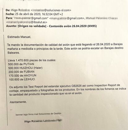 Emails enviados por los participantes en la venta de mascarillas de Baleares investigada en el caso Koldo.