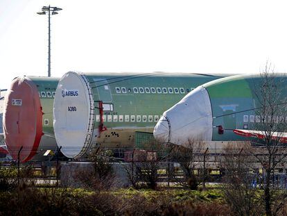 Partes del Airbus 380 en la sede del fabricante aeronáutico europeo en Toulouse (Francia), en una imagen de febrero de 2019.