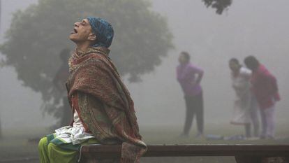 Situaciones extremas como la que atraviesa la megalópolis india cuestionan la sostenibilidad de la manera de vivir en zonas tan pobladas. En la foto, una mujer en medio de la pesada niebla en el jardín Lodhi de Nueva Delhi (India).