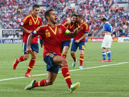 Thiago celebra su segundo gol a Italia