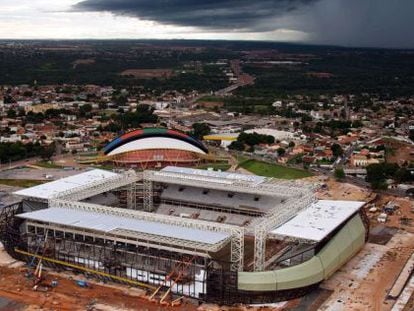 Vista a&eacute;rea del estadio Arena Pantanal en Cuiaba, donde ha fallecido el trabajador. 