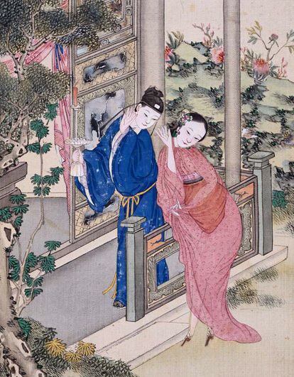 Erotic Album Illustration of a Chinese Couple Entering Their Bedroom