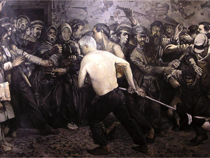 Uno de los dos lienzos de Ramón Castañer sobre la revolución del 'Petrólio' de Alcoi, en una imagen cedida por Lluís Vidal.