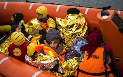 Refugiados rescatados en la isla de griega de Lesbos.