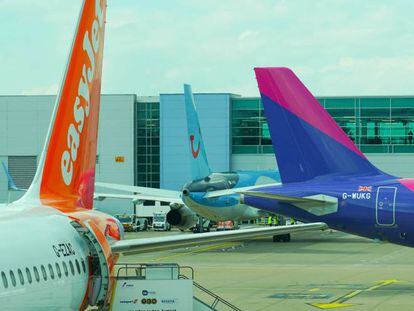 Aviones de Easyjet, Tui y Wizz Air ante la terminal del aeropuerto de Luton.