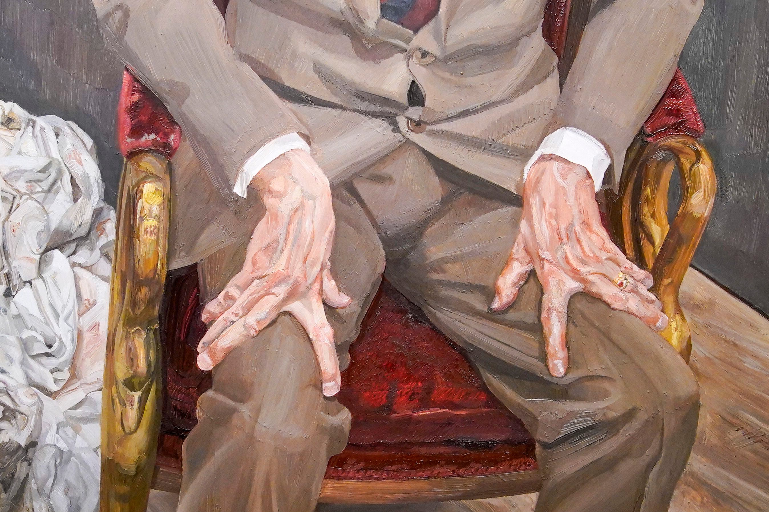 Detalle del cuadro de Lucian Freud 'Hombre en una silla (Barón H. H. Thyssen‐Bornemisza)'. 