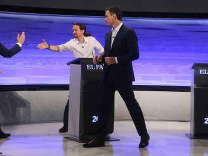 Albert Rivera, Pablo Iglesias y Pedro Sánchez, en el debate electoral organizado por EL PAÍS.