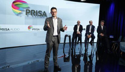 El presidente de PRISA, Joseph Oughourlian, y los miembros de la dirección, en la presentación del Plan Estratégico.