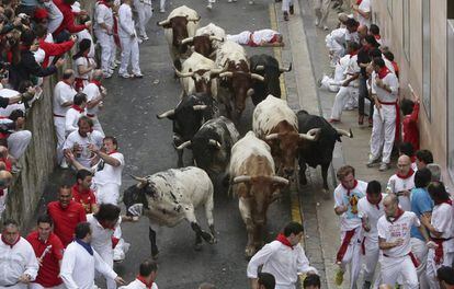 Un toro de la ganadería de Torrestrella cornea a un corredor.