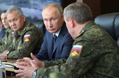 Russian President Vladimir Putin oversees the Kavkaz-2020 military exercises in the Astrakhan region near the Caspian Sea on September 25.