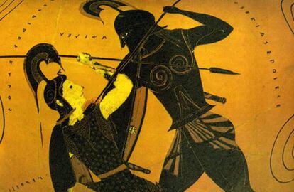 Aquil·les mata Hèctor en una pintura d'un vas grec del segle VI a. C.