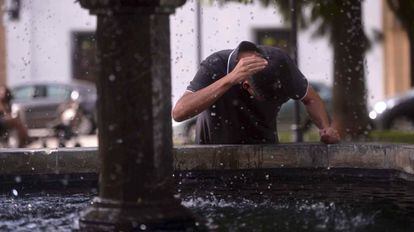 Un hombre se refresca en la fuente de la Magdalena de C&oacute;rdoba.